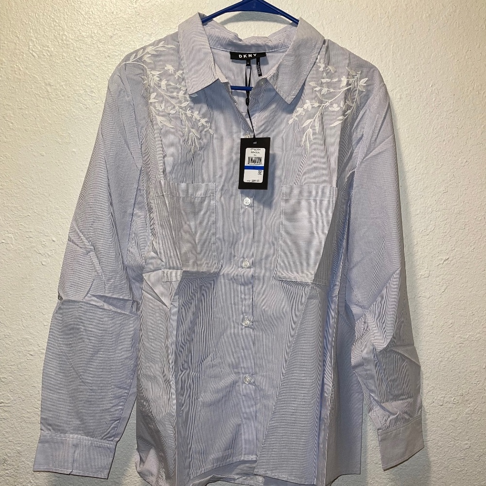 Dkny Women's Striped Embroidered Button-Down Top, Blue